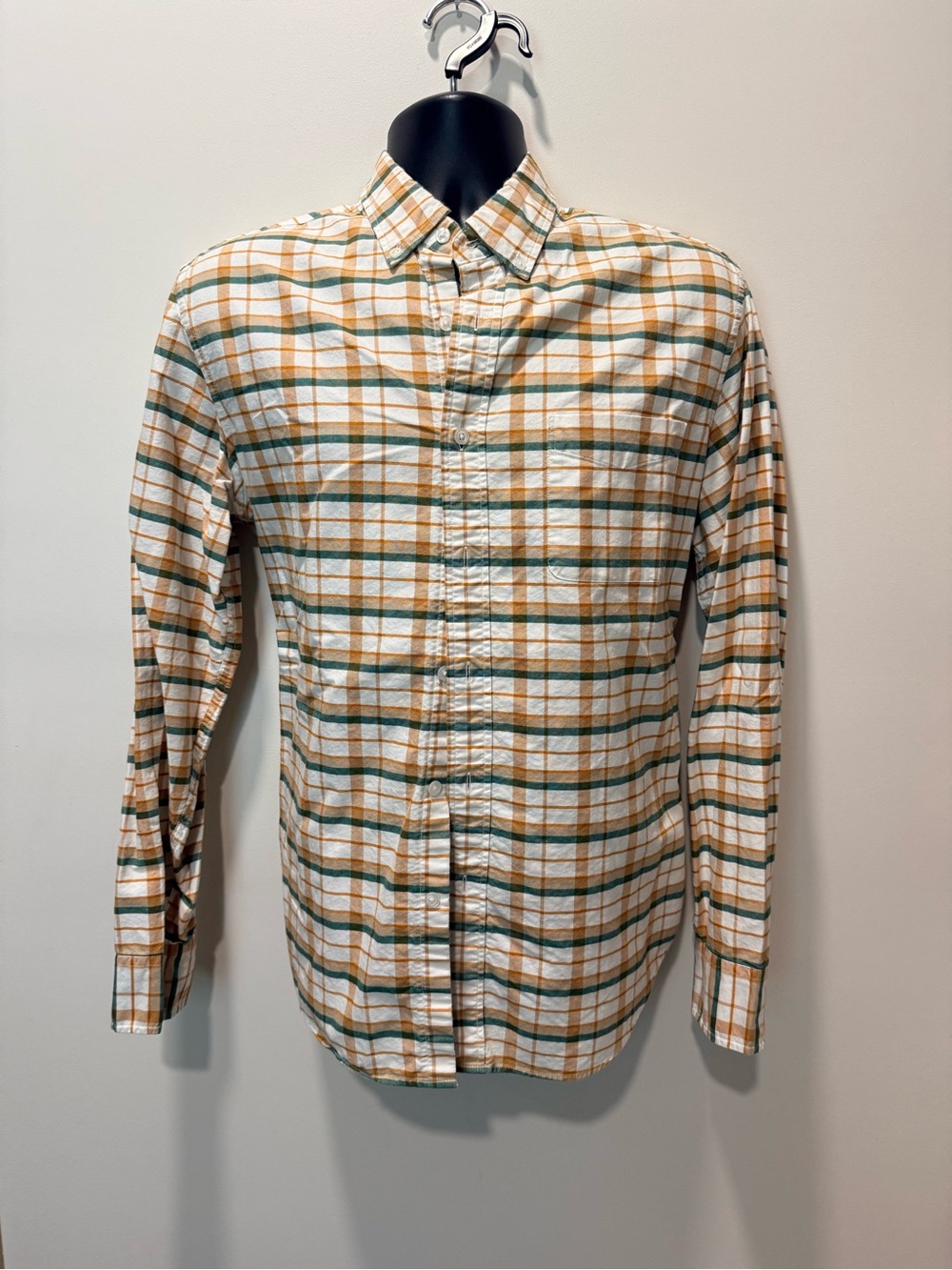 J. Crew White Plaid Button-Down Shirt with Tan and Green Checks